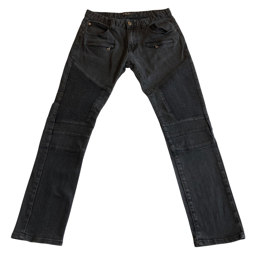 CJ Black Premium Mens 32x32 (Fits 32x29.5) Skinny Moto Biker Jeans Black Ribbed